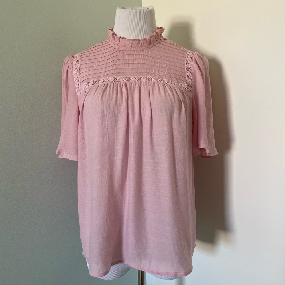 Nanette Lepore Women’s Ruffled Neck Short Sleeved Blouse Pink Size S